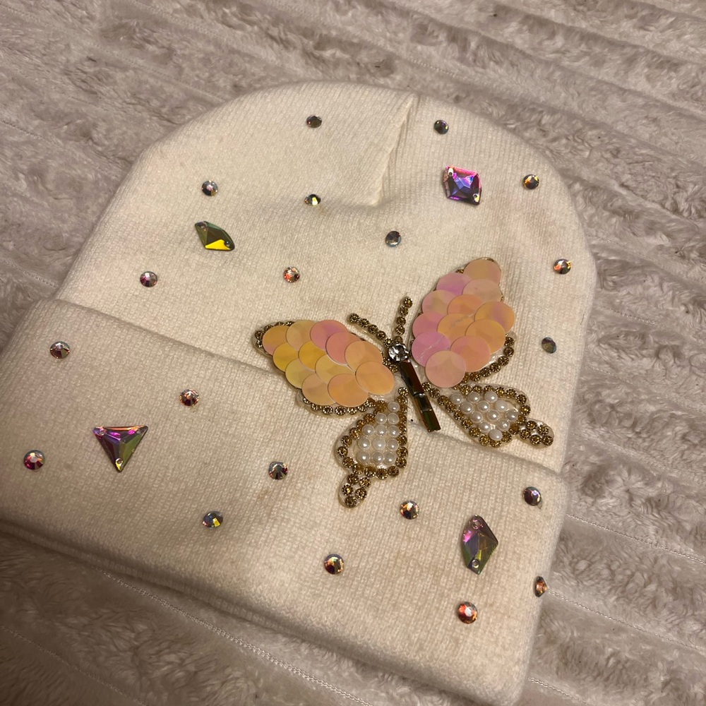 Butterfly Embellished Cream Beanie for Kids